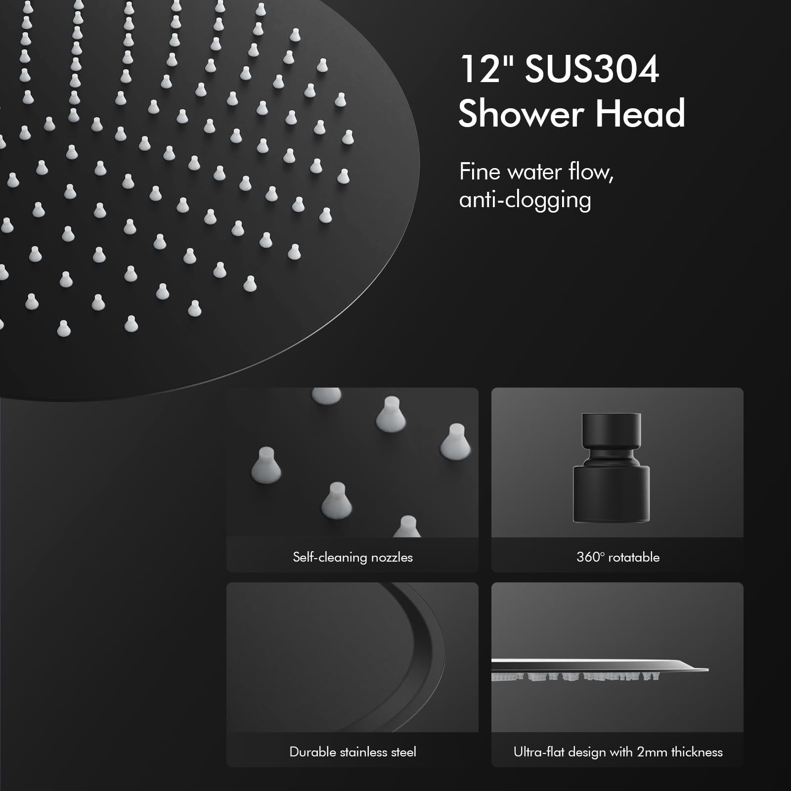 HOMELODY Ducha de efecto lluvia negra Sistema de ducha sin grifo, juego de ducha de efecto lluvia de acero inoxidable de 300 mm, altura ajustable, 3 tipos de chorro de ducha, juego de ducha de columna