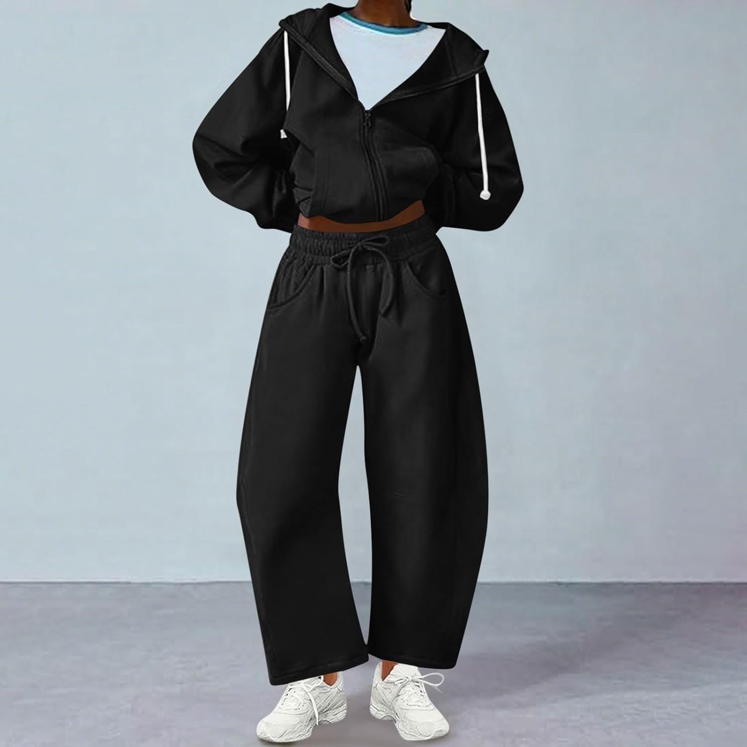 TANGNADE Two Piece Workout Sets for Women Sweatsuits Outfits Long Sleeve Zip Up Hooded Jacket and Barrel Leg Sweatpant - Image 2