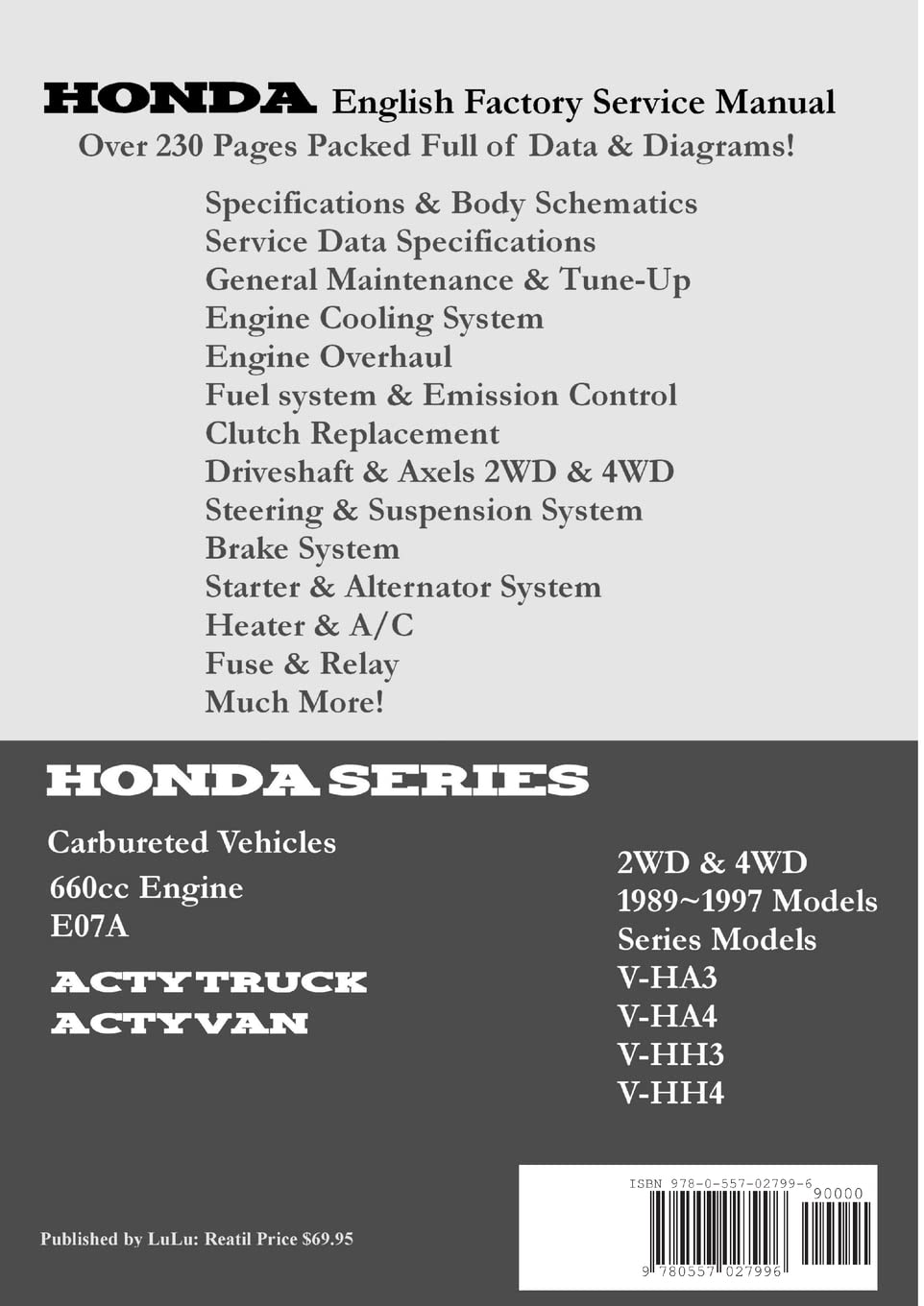 Back cover of the Honda Acty English Factory Service Manual