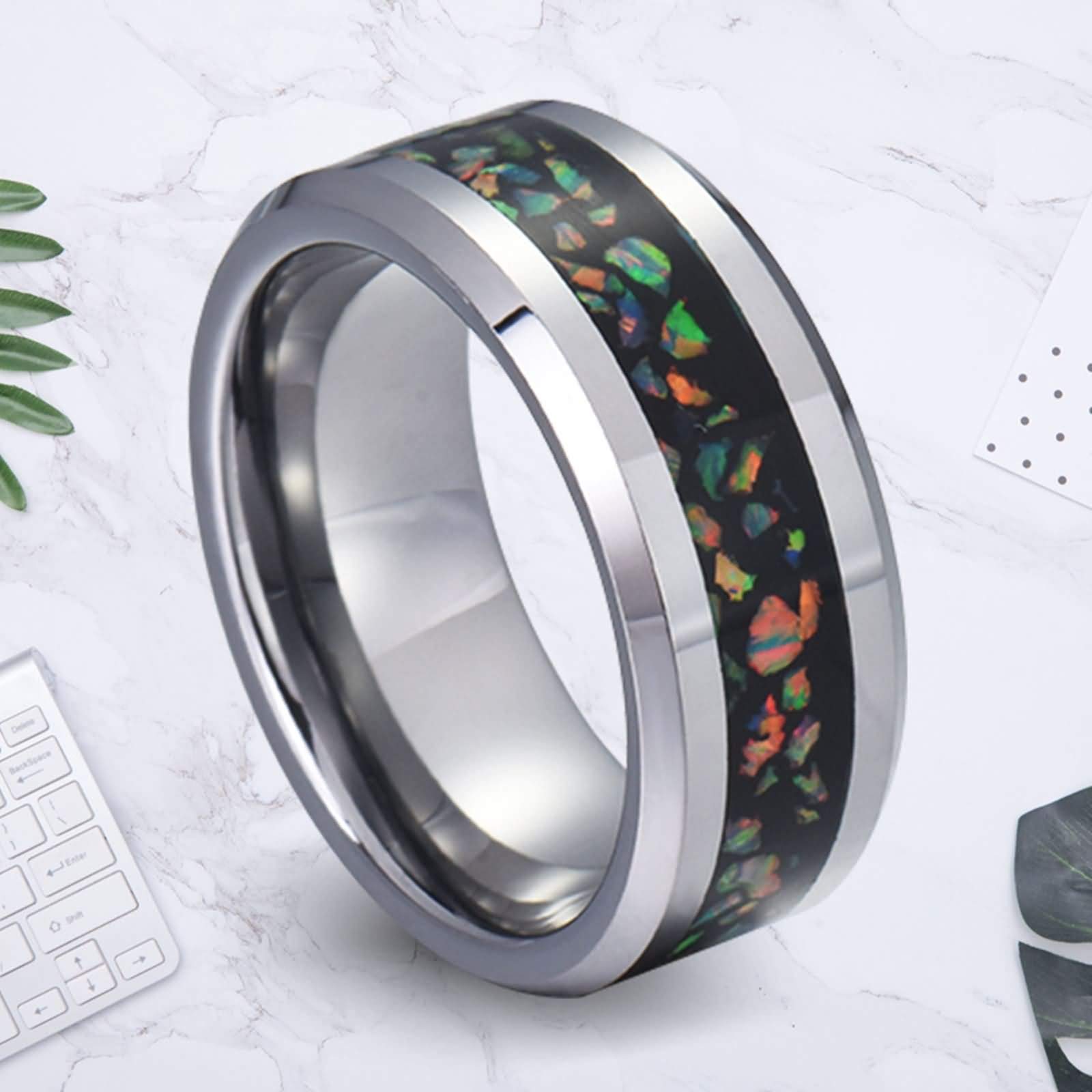 Anello Uomo Fascia Larga Acciaio Creato Anello Opale per Le Uomo Anello Uomo con Incisione 8MM Anello Acciaio Argento Misura 12-31