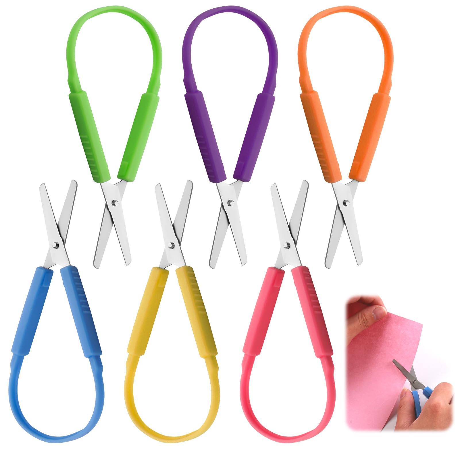 6PCS Mini Loop Scissors for Kids, 14cm Childrens Safety Training Scissor, Self-Opening Handle Adaptive Design for Back to Schools, DIY Crafts, Party Gift, Right and Left Handed Easy Grip