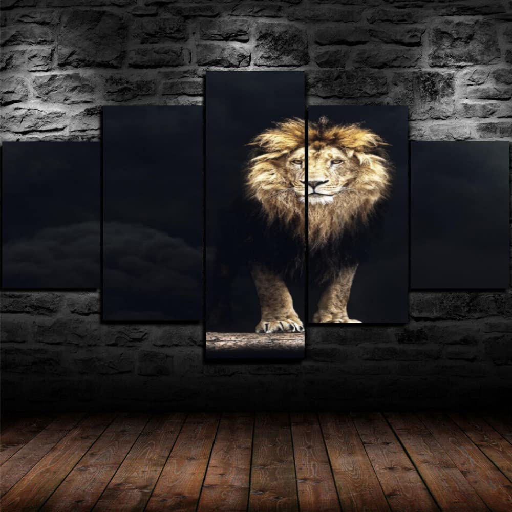 Poster 5 Pezzi Famiglia Di Leoni In Bianco E Nero - Stampa Su Tela 150x80 Cm, Decorazione Moderna Per Parete