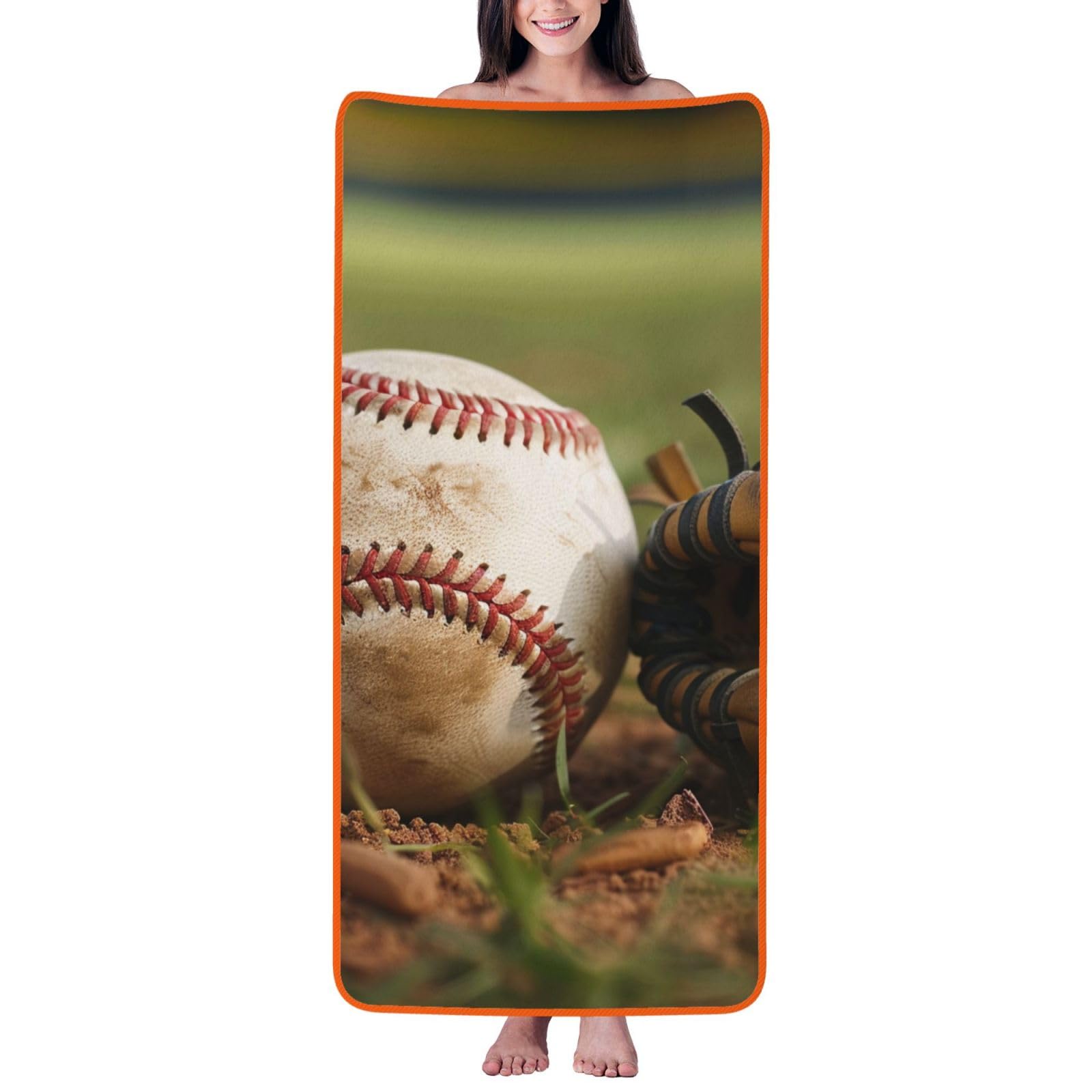 WPKJU Baseball Printed Bath Towel with Orange Edging - 27x55 in Soft Extra Absorbent Coral Velvet Shower Towels for Bathroom