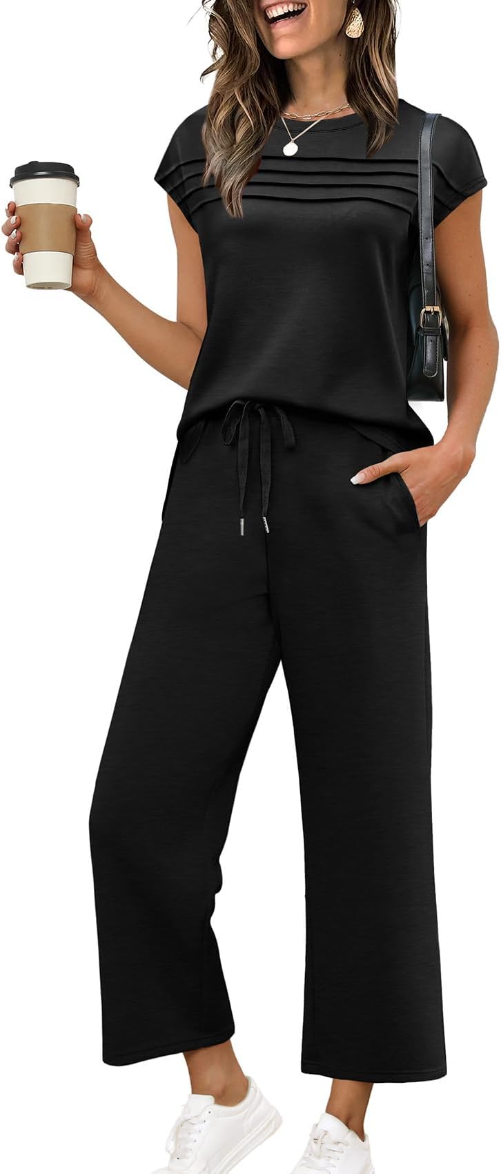 Two Piece Sets for Women Summer Spring Travel Vacation Outfits Cap Sleeve Lounge Matching Sets Wide Leg Pants S-3XL