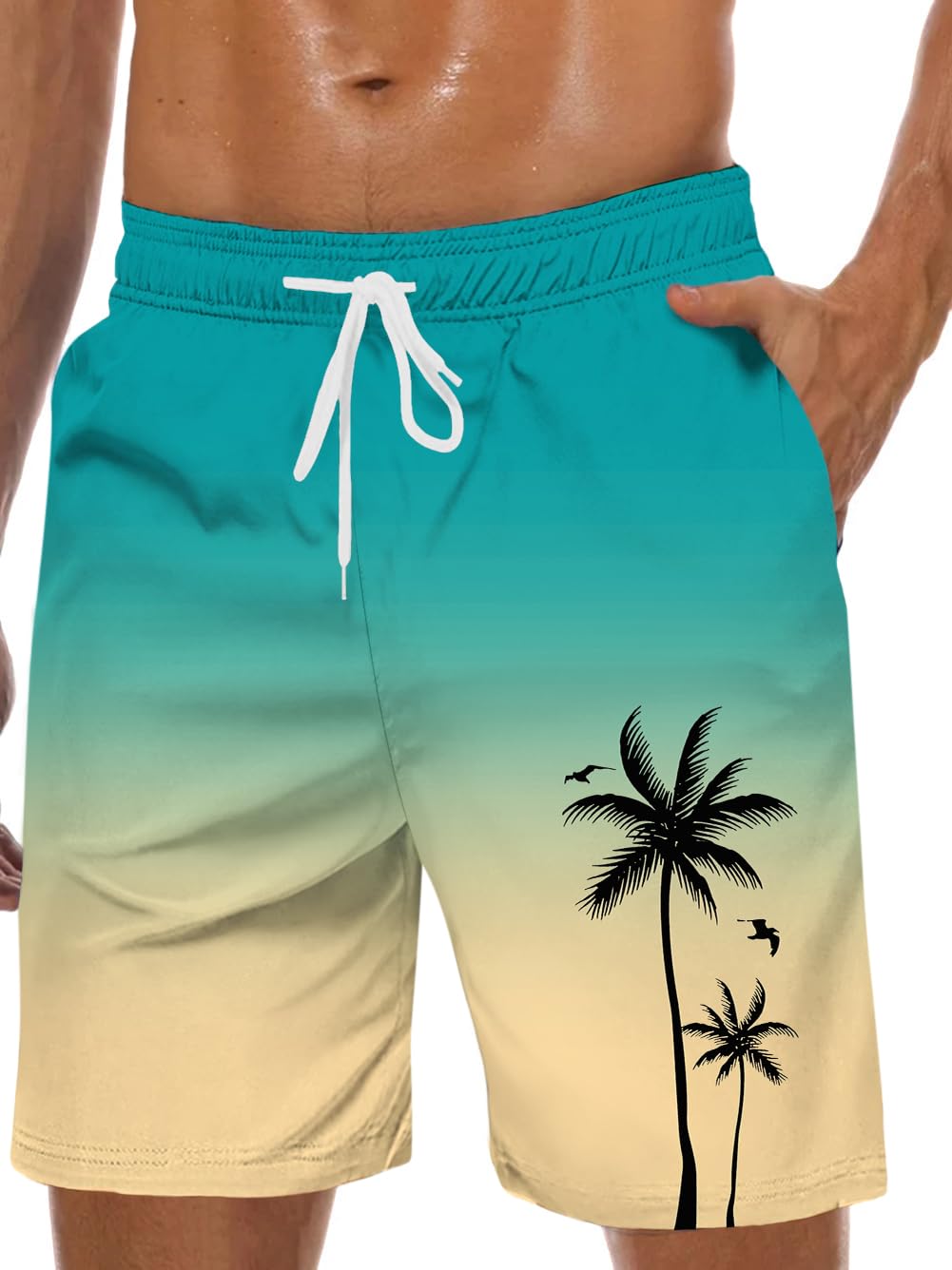 Men's Swim Trunks Hawaiian Bathing Mesh Lining Suit Swimsuits Beach Shorts with Pockets, Color Ramp-Yellow, L
