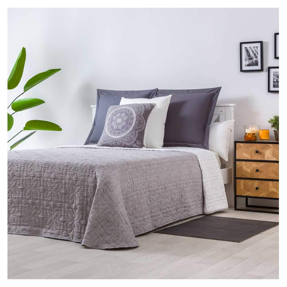COTTON ARTean Colcha Bouti Cama 150 Primavera - Verano SANTILLANA Gris Algodón -Poliéster Reversible