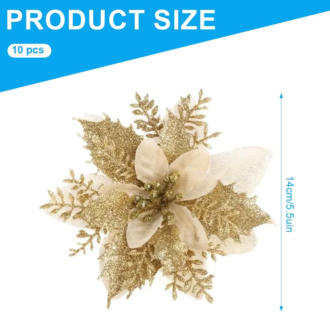 10 x Christmas Glitter Flowers with 12 Poinsettia Artificial Christmas Tree Decorations, Blue, Medium
