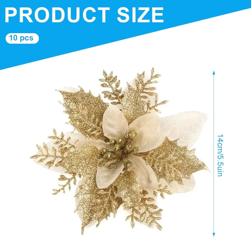 20 Fiori Dorati Glitter Per Albero Di Natale - Decorazioni Con Clip Per Ghirlande E Addobbi - Foto 8