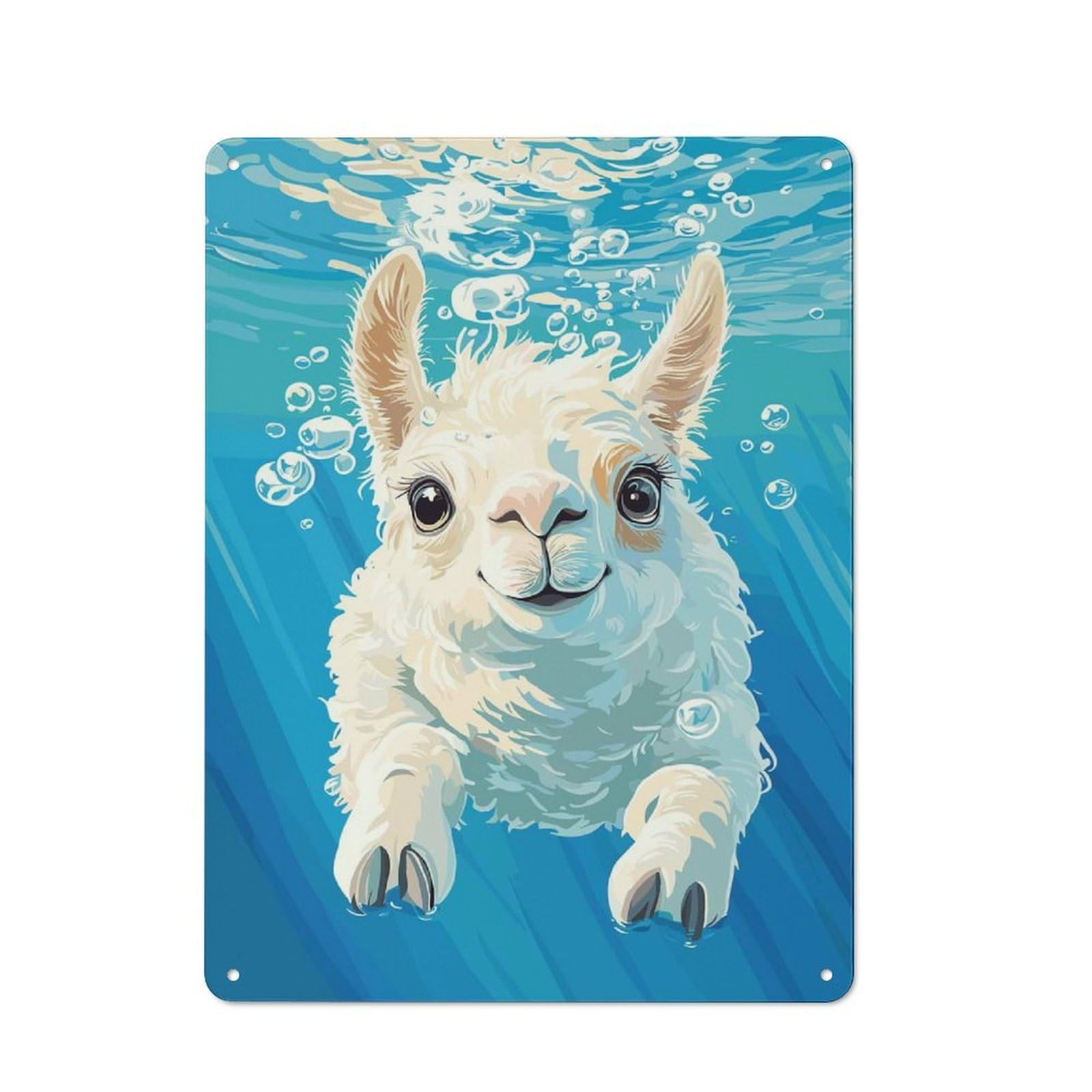Underwater Llama Portrait Vintage Metal Wall Decor 40x30cm, Tin Wall Sign for Restaurant, Kitchen, Counter Or Breakfast Nook