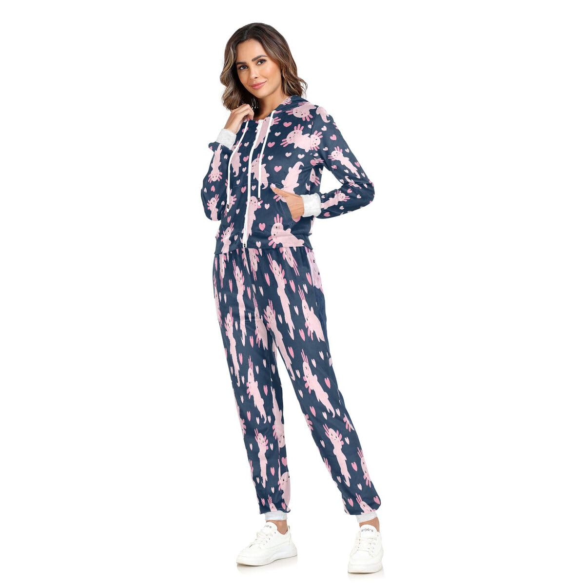 Conjunto deportivo de 2 piezas para mujer, diseño de ajolote, manga larga, con corazones de dibujos animados