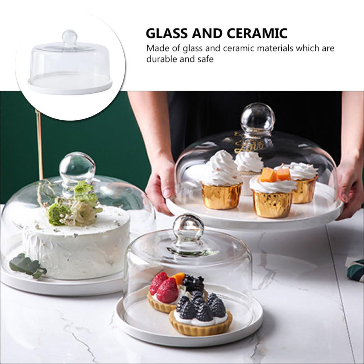 POPETPOP Bandeja para Tartas Soporte Dustproof con Tapa Transparente de Vidrio y Cerámica de Color Claro Diseño Delicado y Funcional Adecuado para Fiestas y Bodas