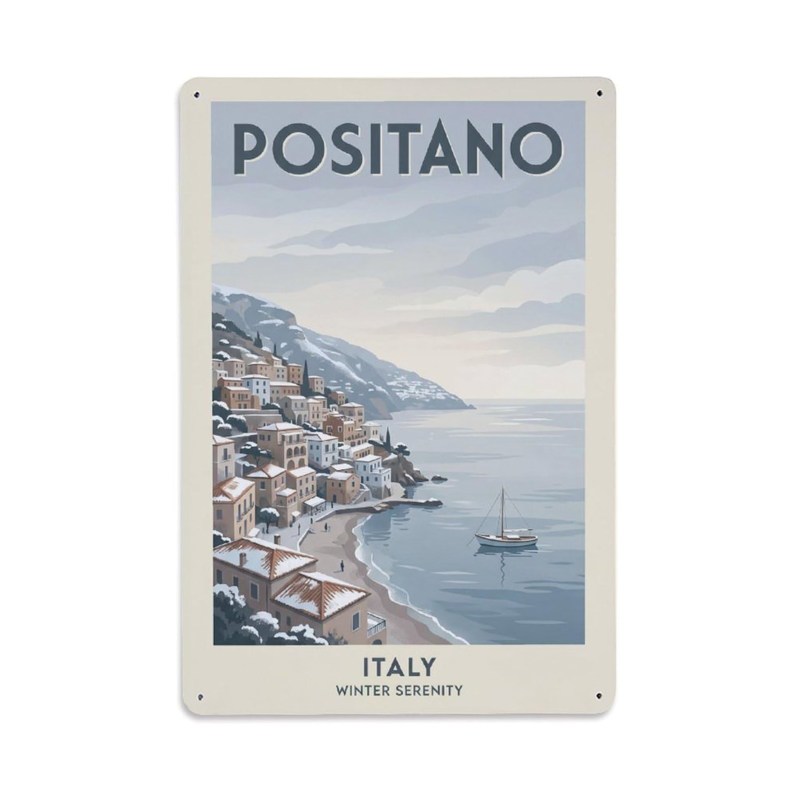 Vintage Travel Positano Italy Winter Metal Tin Sign Plaque Wall Decor for Cafe, Club Bar, Office, Garden Metal Poster 8x12Inch
