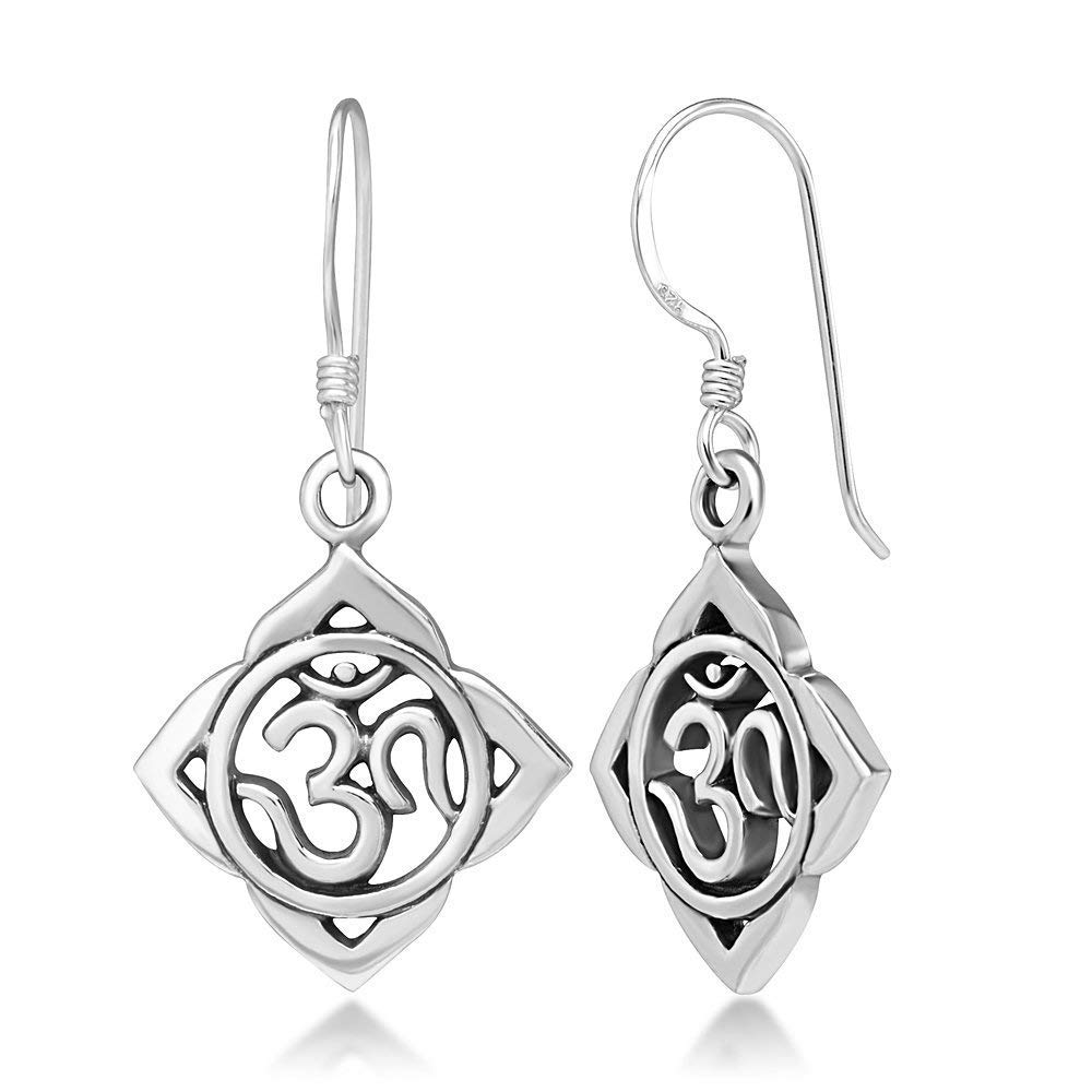comet craftSterling Silver Plated Aum Om Ohm Lotus Leaf Symbol Chakra Yoga Dangle Hook Earrings, 33 mm