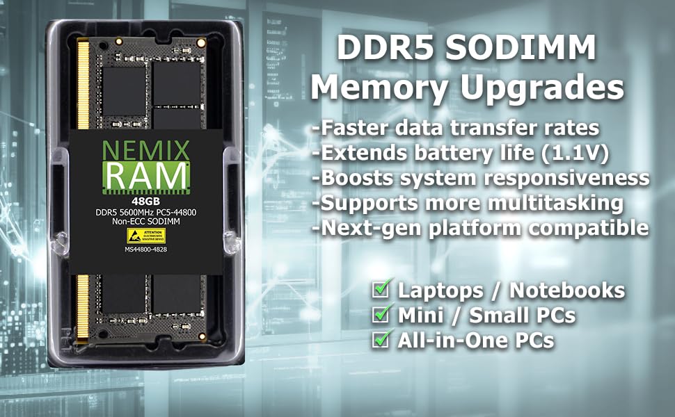 Image of 48GB 1X48GB DDR5 4800MHz PC5-38400 2Rx8 1.1V CL40 262-PIN Non-ECC Unbuffered SODIMM NEMIX RAM Laptop PC Memory