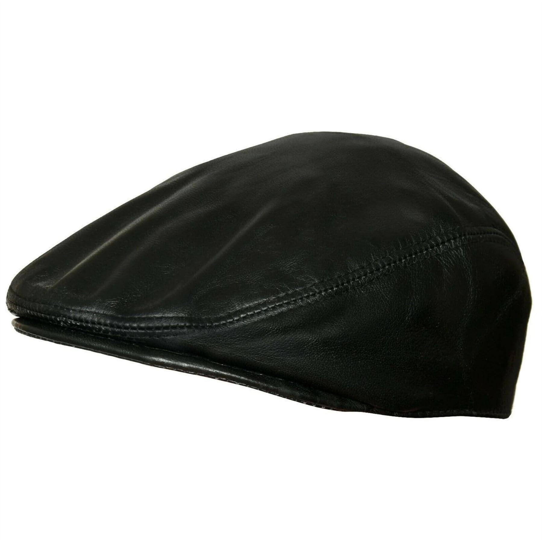 Infinity Leather Men's Black Real Leather Ivy Newsboy Peaked Flat Cap - 60