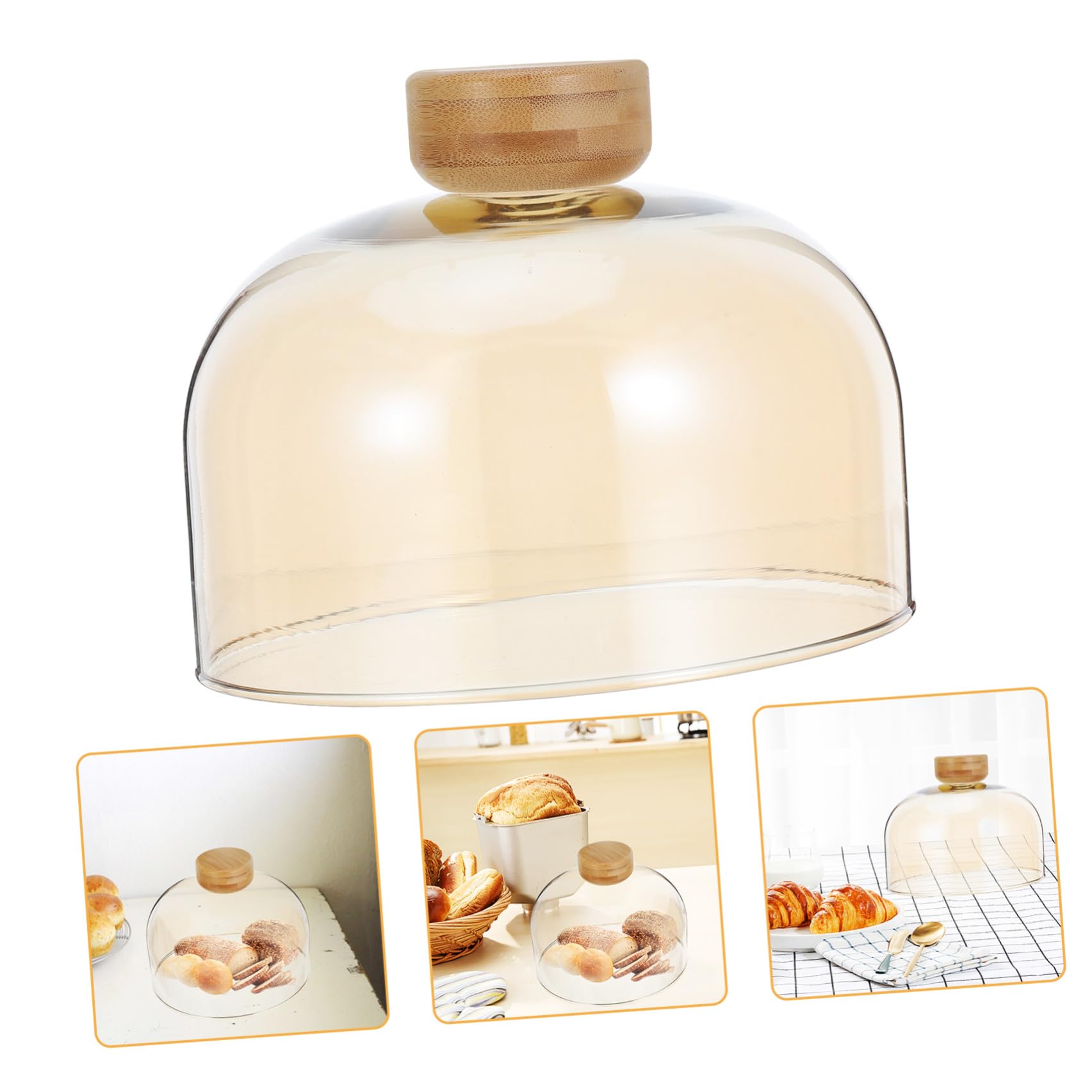 jojofuny Soporte de Vidrio para Tartas con Tapa de Madera y Cúpula Beige | Bandeja de Postre con Tapa, Expositor de Frutas y Aperitivos, Uso en Reuniones Familiares E Interiores