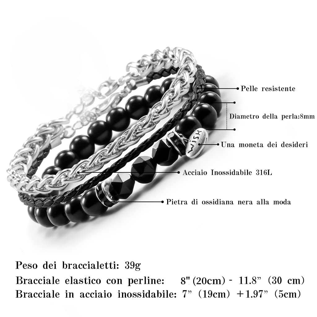 FANCIBAND Bracciale Uomo Acciaio Inox e Perle Pelle Bracciali Regalo per Marito Fidanzato Fratello Personalizzato Bracciale uomo Pietre Naturali