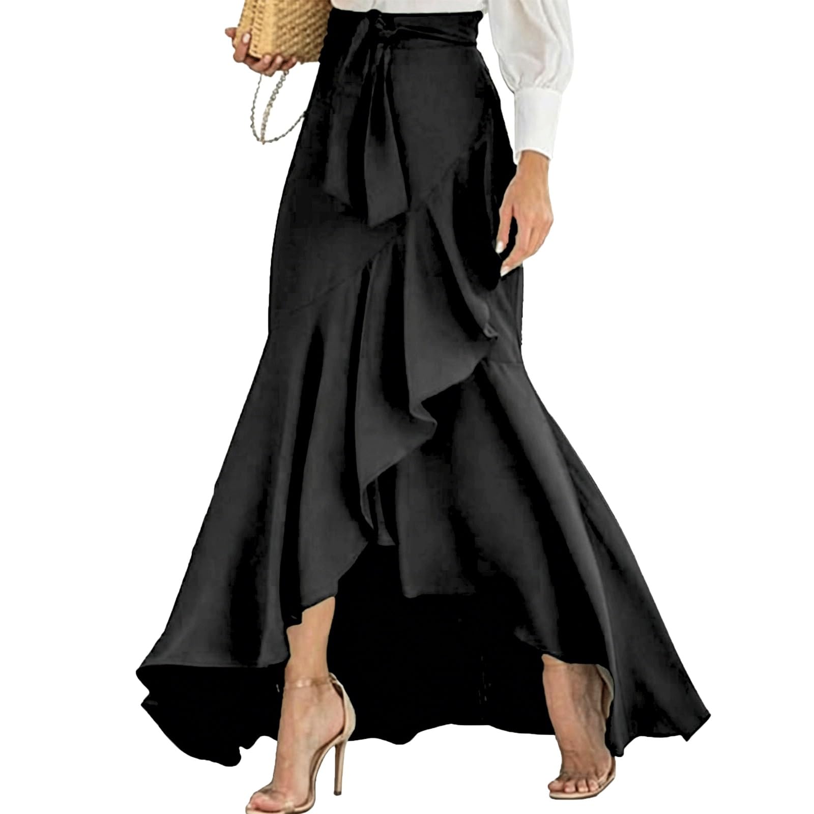DUddTTW A-line Midi Long Skirt Belt Women's Maxi Skirts Irregular Design(Nero,Lagre)