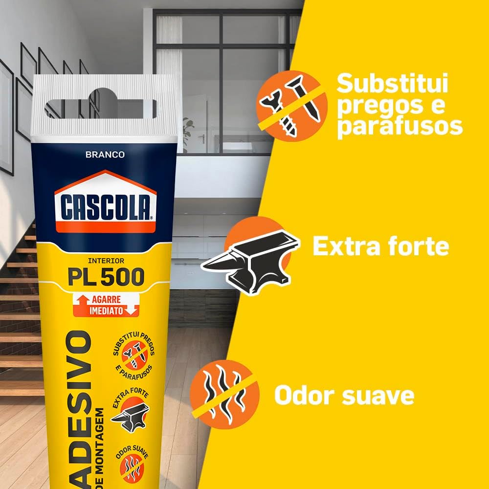 Cascola Monta & Fixa PL500 Interior Cola, Adesivo de montagem extraforte, para madeira, compensado, concreto, entre outros materiais, com agarre imediato, 1x85g Cascola Monta & Fixa PL500 Interior Cola, Adesivo de montagem extraforte, para madeira, compensado, concreto, entre outros materiais, com agarre imediato, 1x85g
