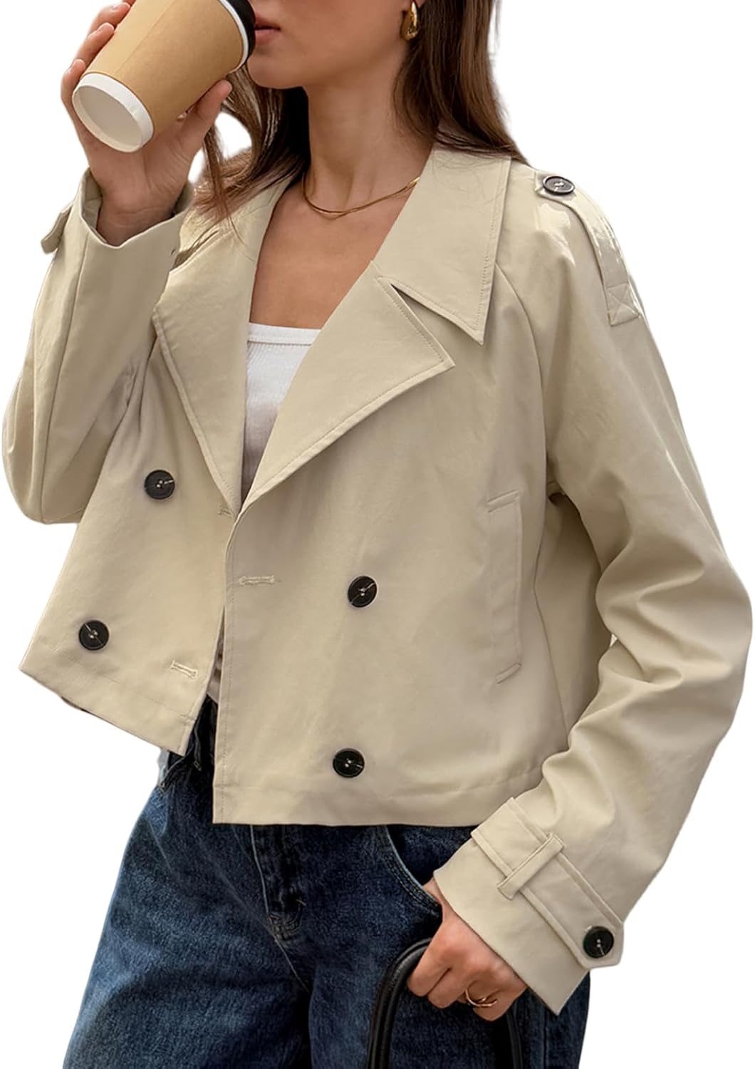 Cropped Trench Coat for Women Long Sleeve Double Breasted Notched Lapel Casual Loose Fit Jackets with Pockets
