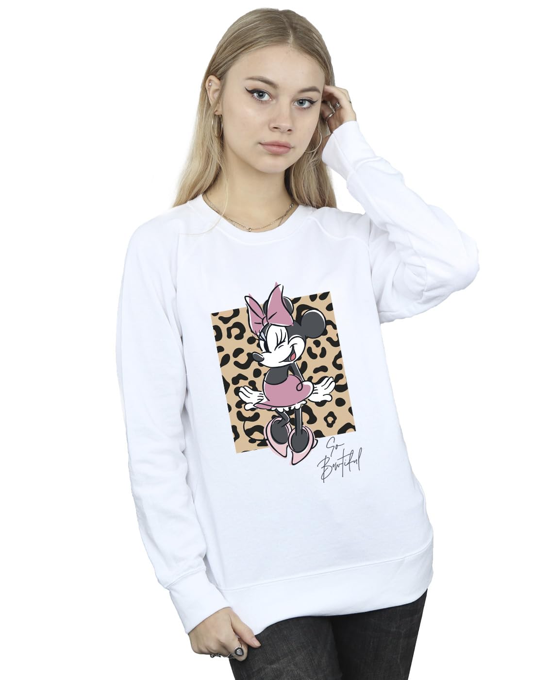 Disney Women's Minnie Mouse So Bowtiful Leopard Sweatshirt White Medium