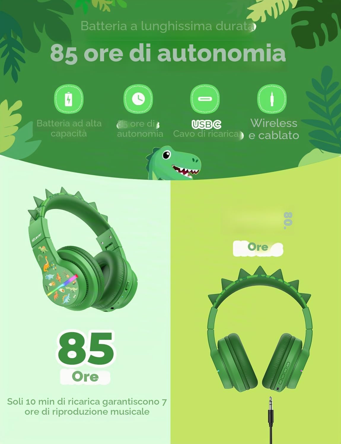 iClever BTH12 - Cuffie Bluetooth per bambini, con luci LED colorate, senza fili, volume sicuro 74/85 dBA, 85 ore di riproduzione, Bluetooth 5.2, microfono integrato per iPad/tablet/aereo