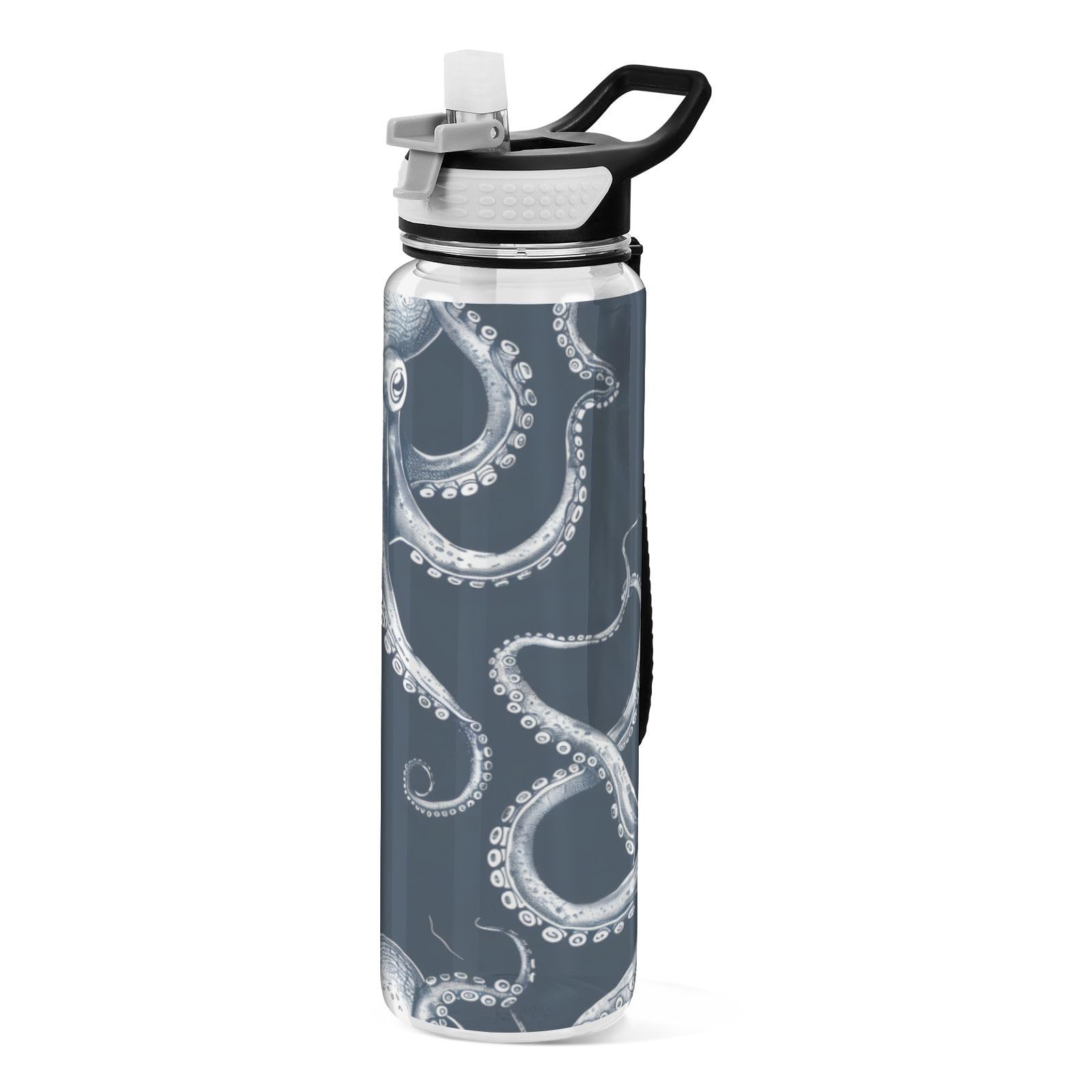 ALAZA Octopusfish Sport-Trinkflasche mit Strohhalm-Deckel, 900 ml, transparent, BPA-frei, Tritan-Kunststoff, auslaufsicher, großer Klappverschluss für Kinder, Jungen, Mädchen