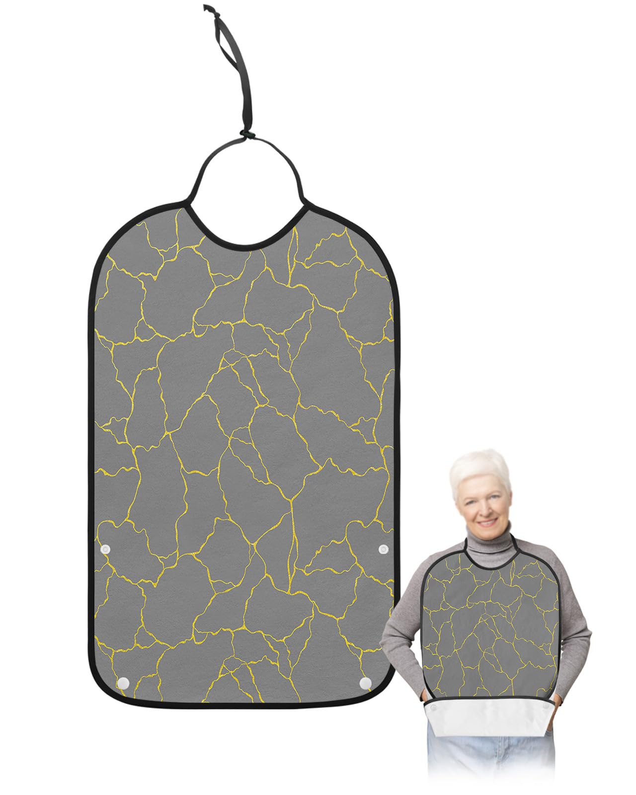 LEOKOTI Grey Yellow Geometric Adult Bibs for Eating, Waterproof Bibs with Food Catcher & Snap Closure, Gray Modern Abstract Art Aesthetics Washable Clothing Protectors Adult Bibs for Elderly
