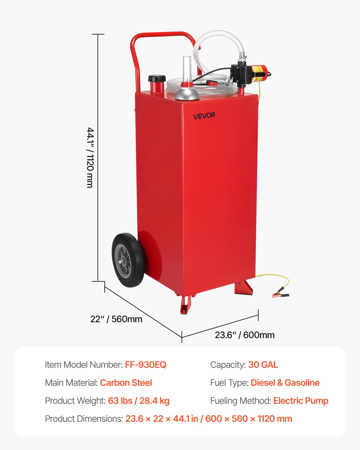 VEVOR Serbatoio Carburante, per Benzina e Gasolio con Pompa Elettrica, Serbatoio Stoccaggio Portatile con 2 Ruote Tubo Flessibile, Contenitore Benzina 136 L, Flusso Massimo 32L Ogni Minuto