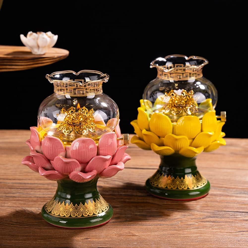 Decorative Lighting Oil Lamp Ceramic Lotus Buddha Headlight Glass Light Lighting Kerosene Lamp Adjustable Fire Control Switch Oil Lamp Lights