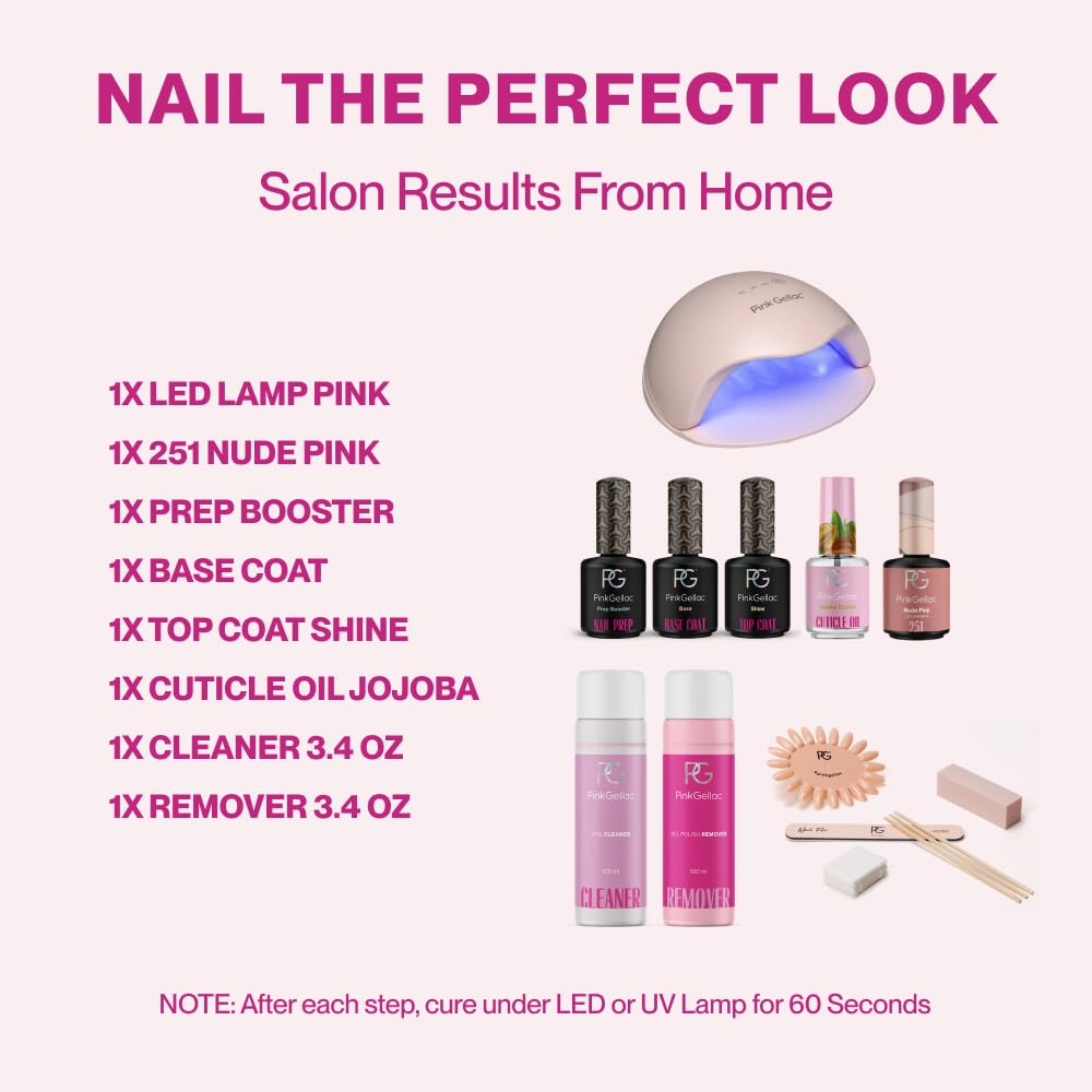 Pink Gellac Zestaw żelowych paznokci – zestaw lakierów do paznokci UV z lampą UV w kolorze różowym, 1 x różowy kolor 15 ml, lakier bazowy, pilnik do paznokci, zmywacz i środek do czyszczenia paznokci