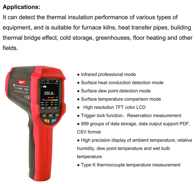 UNI-T Uni-Trend Industrial Thermometer UT305C+ UT305A+ Digital Infrared Thermometer Laser Temperature Meter Industrial Not Contact Pyrometer -50-2200(UT305A+)