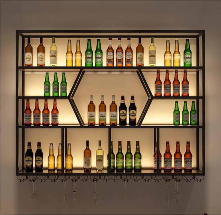 Botellero LED montado en la pared para botellas y vidrio, estantes flotantes de metal, copa colgante para el hogar, restaurante, bares (tamaño: 120 x 20 x 125 cm, color: negro-a)