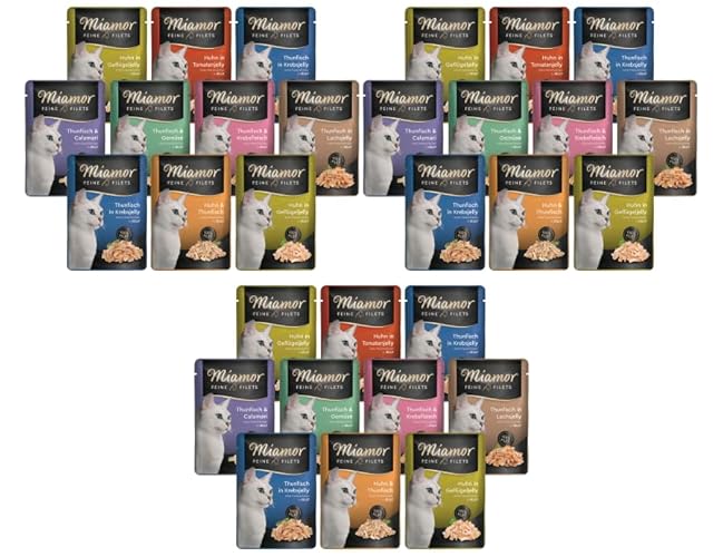 Miamor Feine Filets in Jelly 30 x 100g | Getreidefrei, Fettarm, Ohne Zucker & Nebenerzeugnisse, Hochwertige Filetstückchen | im Frischebeutel | Nassfutter für Katzen | Garantierter 5-Sorten-Mix - 30er Mix - 100 g (30er Pack)