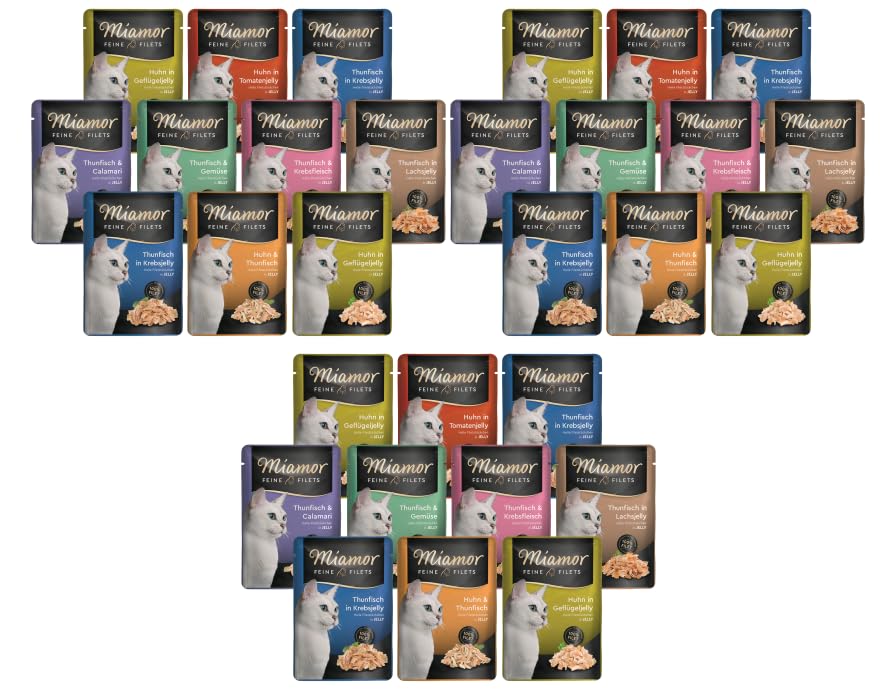 Miamor Feine Filets in Jelly 30 x 100g | Getreidefrei, Fettarm, Ohne Zucker & Nebenerzeugnisse, Hochwertige Filetstückchen | im Frischebeutel | Nassfutter für Katzen | Garantierter 5-Sorten-Mix