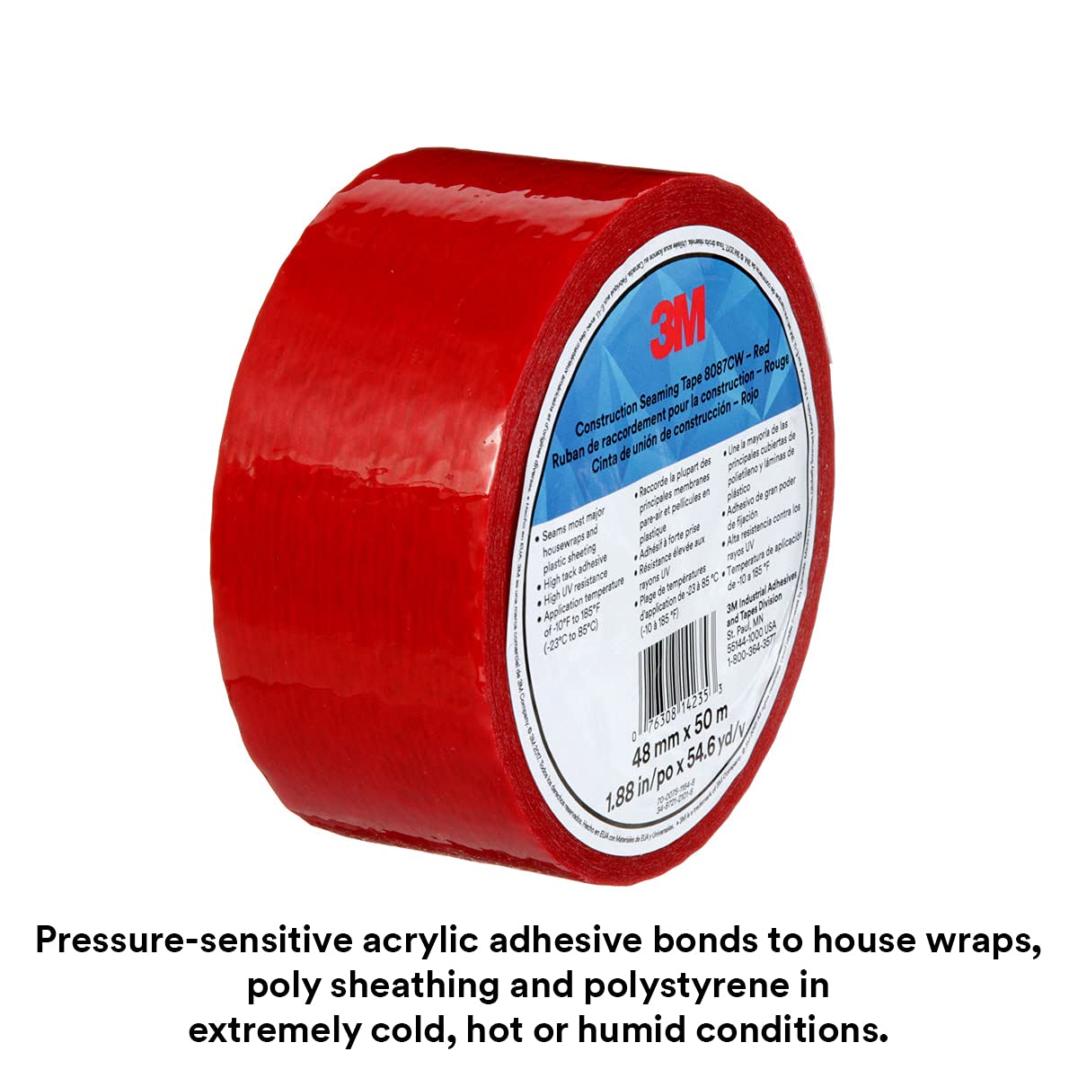 3M Construction Seaming Tape 8087CW, 1 Roll, Red, 72 mm x 50 m, Sheathing Tape for Seaming, Splicing, Sealing, and Repairing Moisture Barriers, Flexible in Cold Weather and High Heat