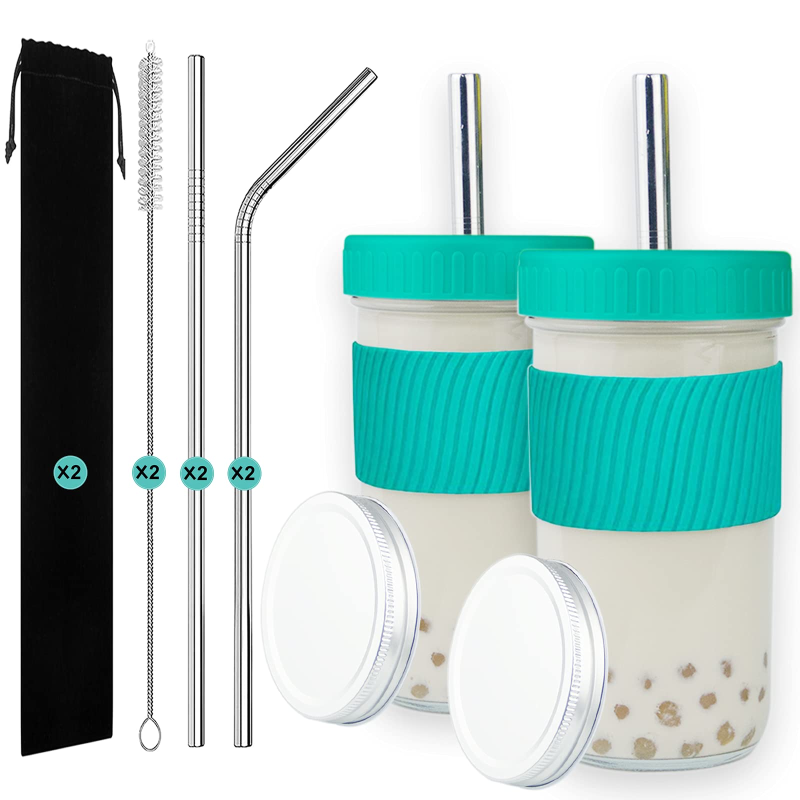 Boba Cup,2-Pack Reusable Smoothie Cups Wide Mouth Mason Jars with Lids and Straws Travel Mug Tumbler Large Canning Jars Drinking Glasses for milkshake Bubble Tea Juice Coffee,22oz