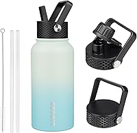 Vista 99 de BJPKPK - Botellas de agua aisladas con tapa con popote, botella grande de metal de 32 onzas con 3 tapas, termo reutilizable sin fugas y sin BPA
