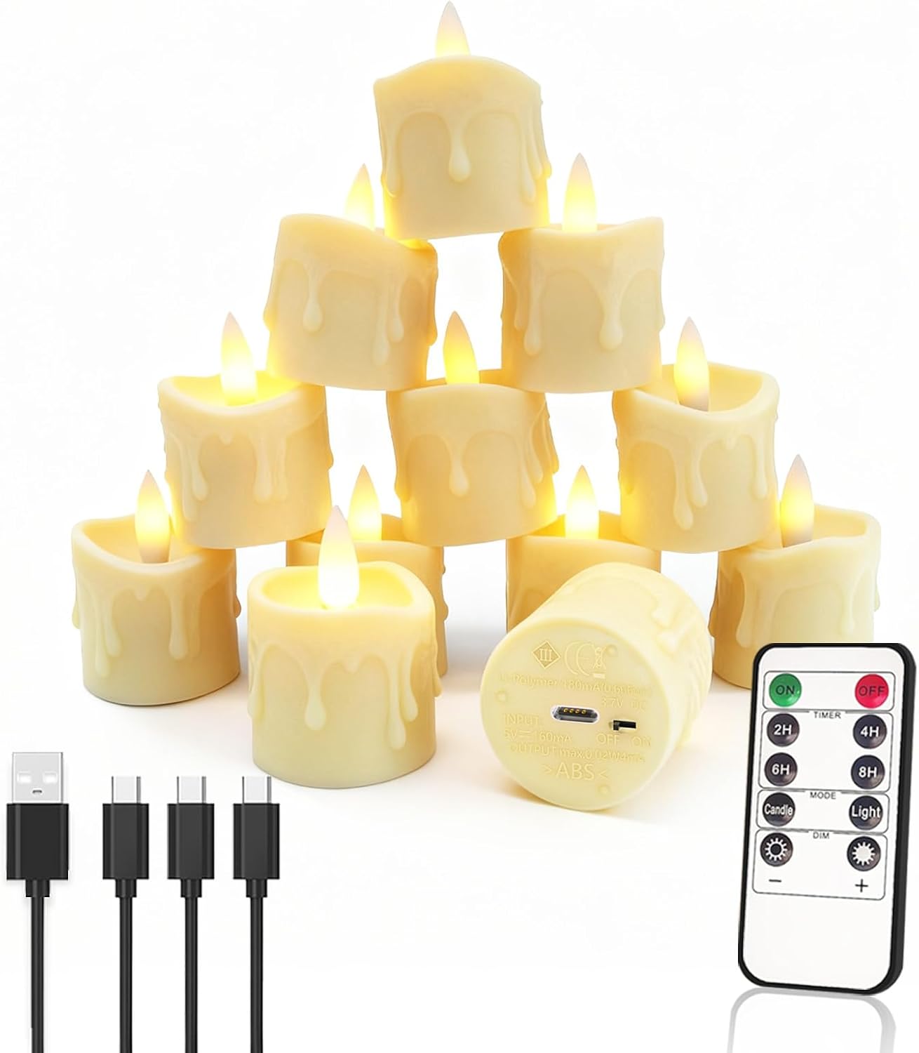 Rechargeable Flameless LED Candles with Timer Remote - 1.5'' x 2'' Flickering Tea Lights Candles for Valentines, Wedding, Party and Holiday Decor,Set of 12(Charging Cable Included)
