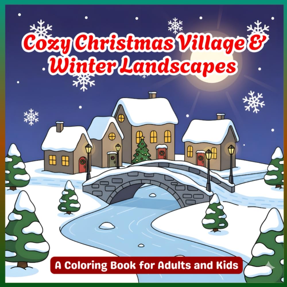 Cozy Christmas Village & Winter Landscapes Coloring Book for Adults and Kids
