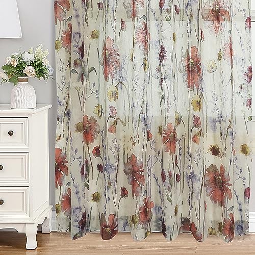 Image of OWENIE Crushed Sheer Curtains 63 Inches Length 2 Panels Set, Sheer Floral Curtians with Printed Design, Printing Drapes on Sheers for Living Room, Rod Pocket Light Filtering Window Sheers 42 inch W x 63 inchL