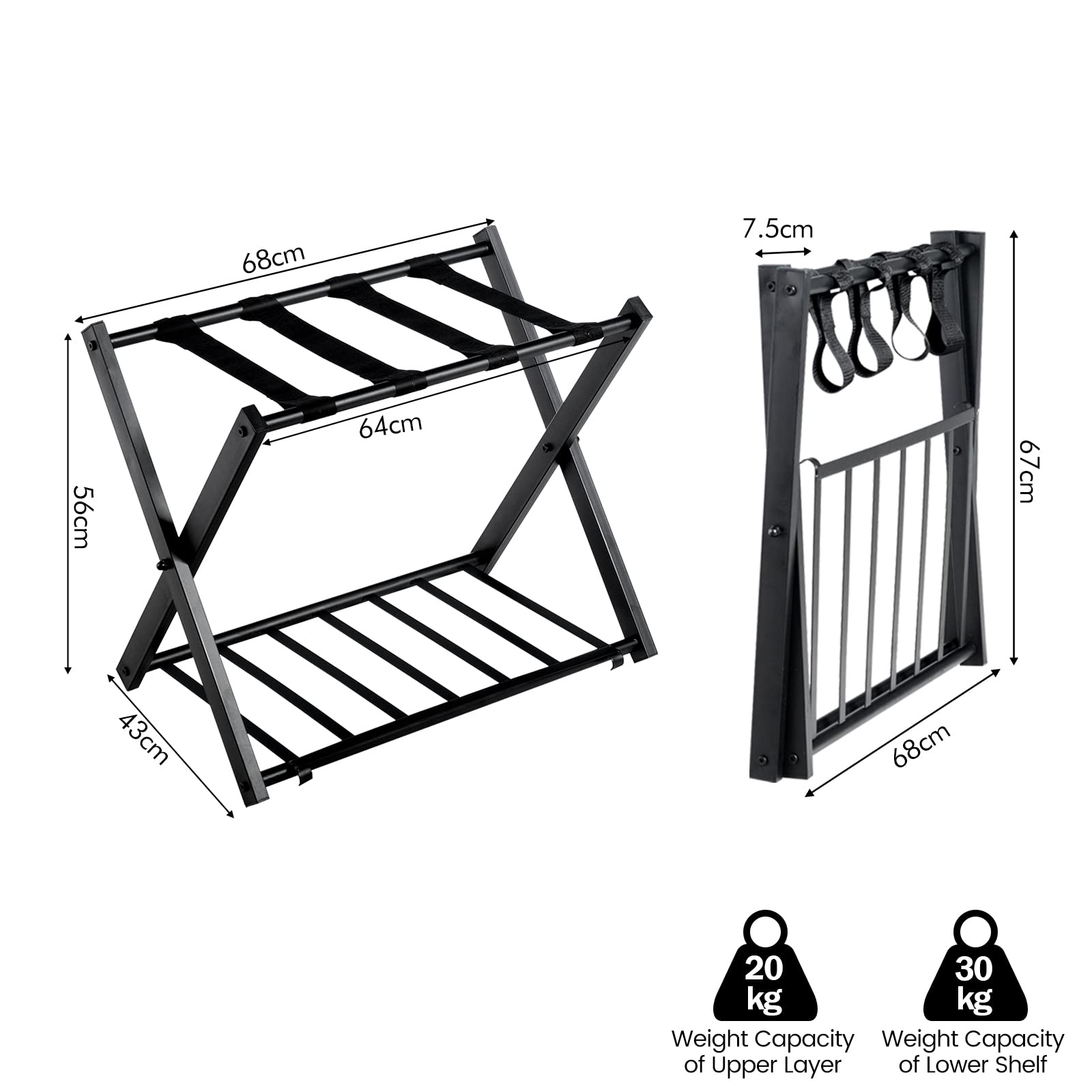 GYMAX Support de Bagage à 2 Niveaux, Porte-Bagages Pliable en Fer Solide pour Valises, Bagages, Chaussures, Support de Valise Pliant, Parfait pour Maison, Hôtel, 68 X 43 X 56 CM (Noir, 2)
