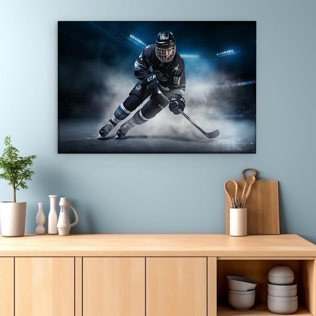 Canvas for Living room. Gripping the Game: A Hockey Player's Frozen Standoff Under the Spotlight, 27 x 18 inch Canvas Wall Art - Ready to Hang