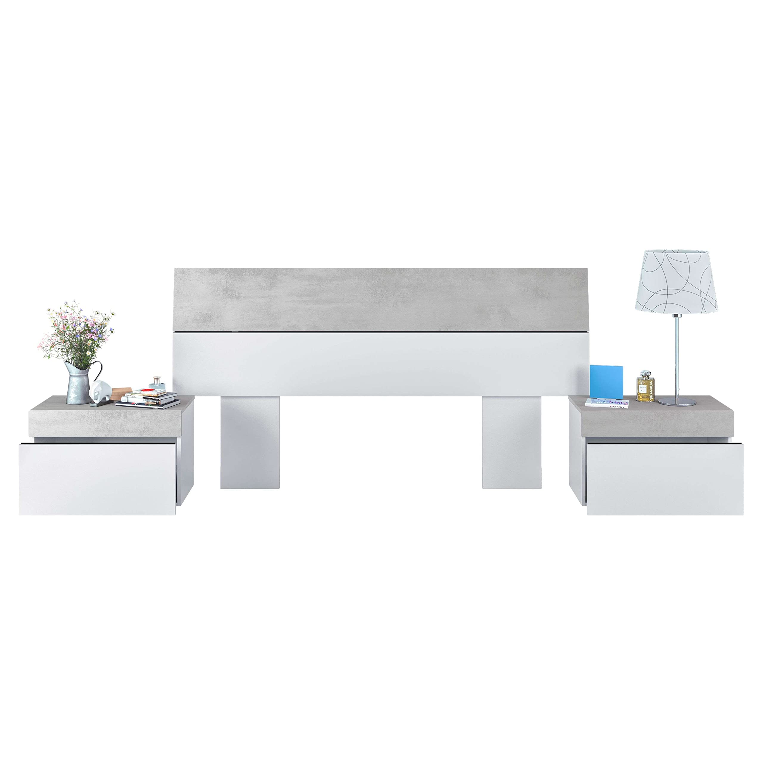 Miroytengo Conjunto Dormitorio Completo Habitación Principal Color Blanco Artik y Cemento (cabecero + 2 mesitas + Armario + Zapatero)
