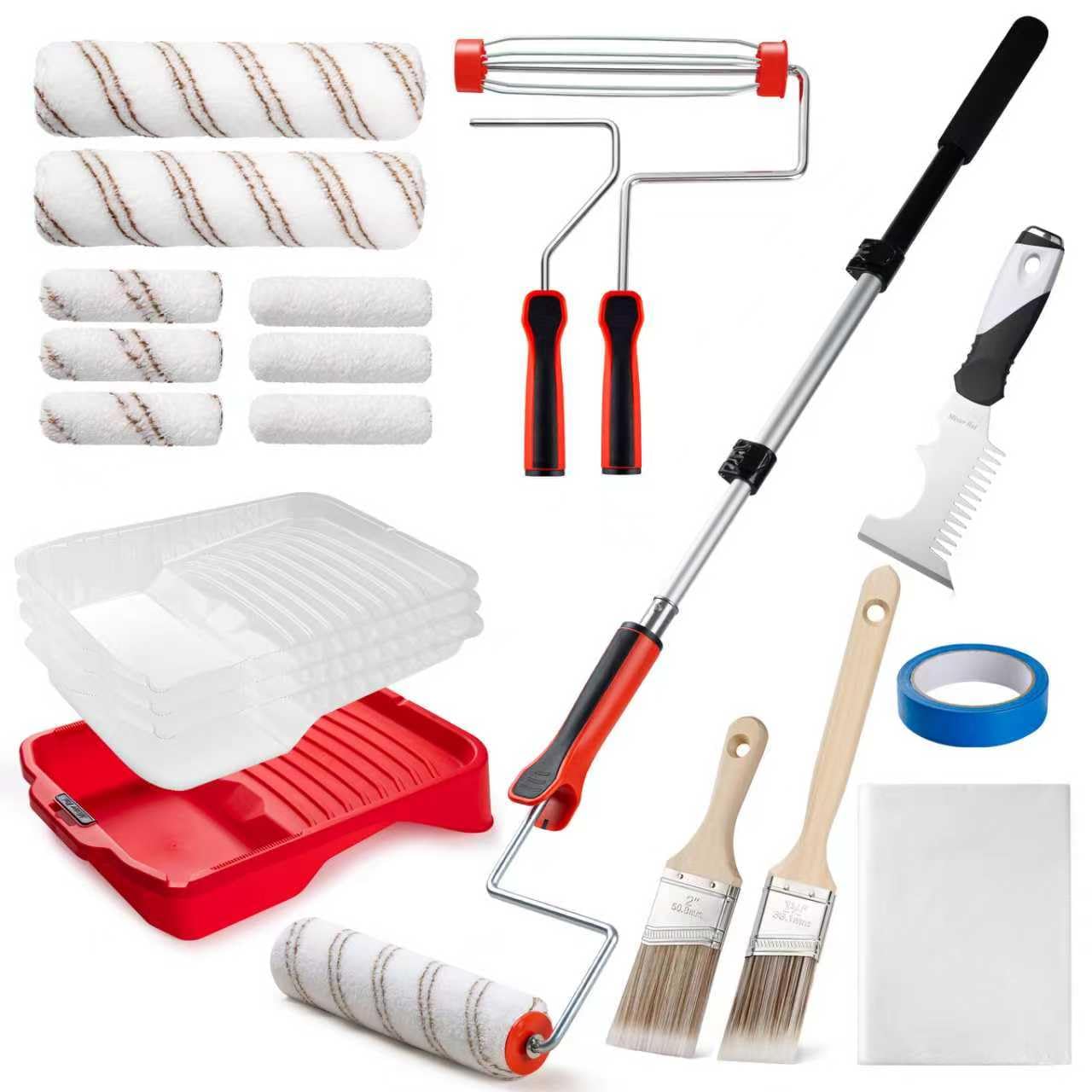 Mister Rui Paint Roller with Extension Pole, 9 Inch Paint Roller Set for Painting, Paint Brush, Paint Rollers and Trays, Comb, Tape – Professional Painting Tools Kit 20 Pcs