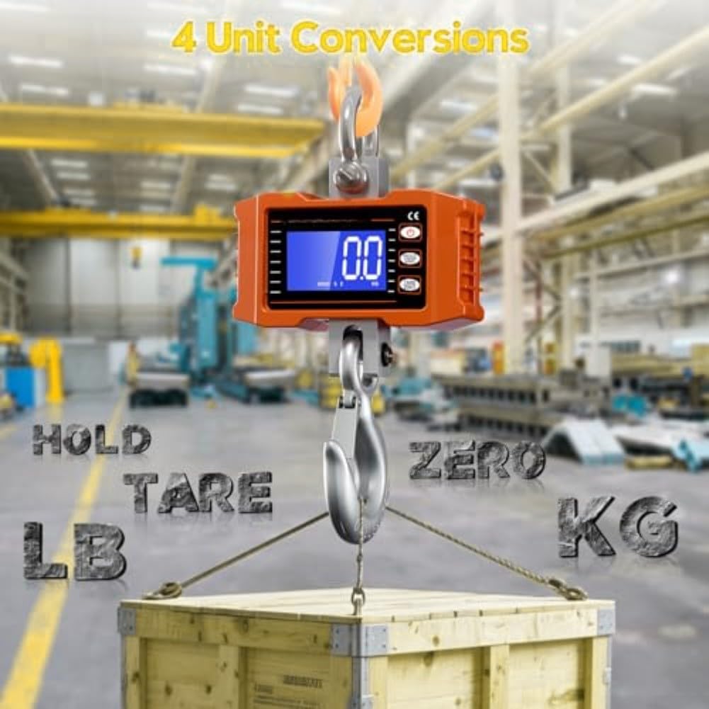 Báscula industrial de grúa de 1000 kg, báscula electrónica de elevación de visión directa, control remoto inalámbrico, color naranja, pesaje alimentado por pilas