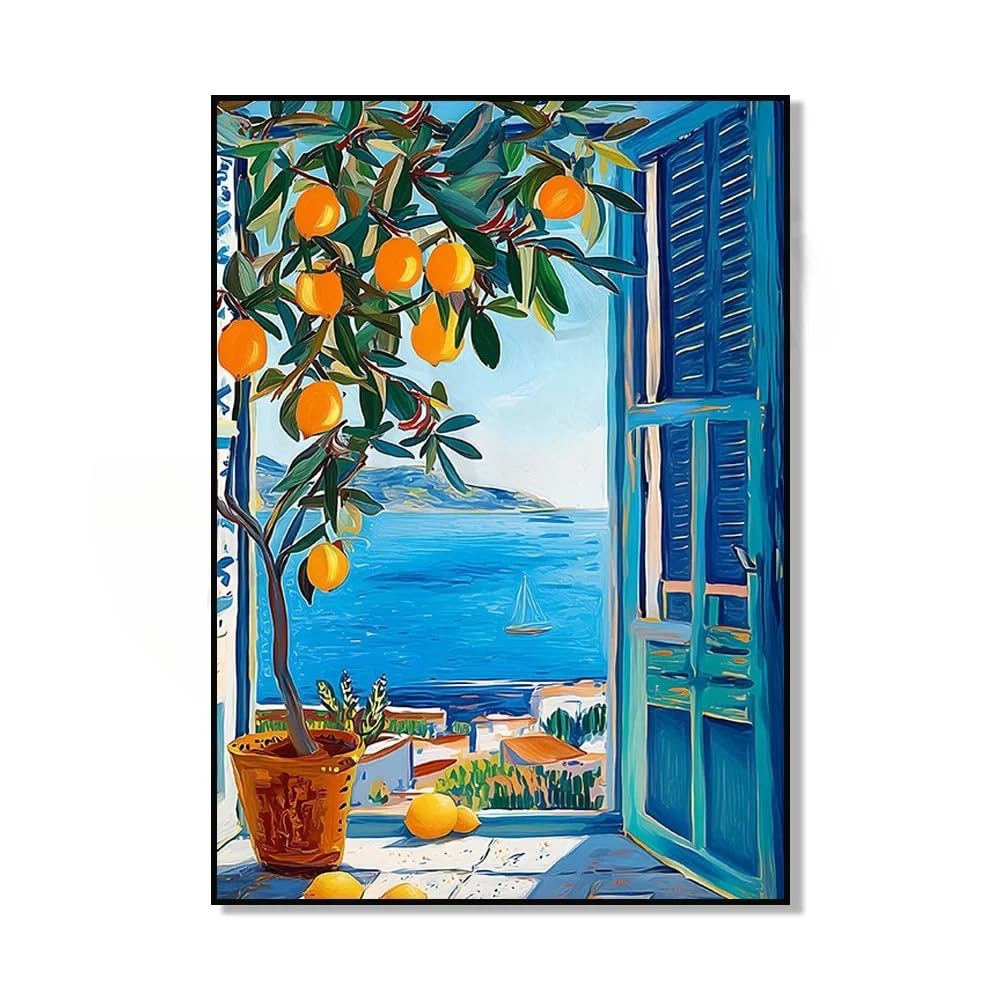 Dittelle Stampa su tela moderna con finestra mediterranea e limoni, poster di alberi di limoni costieri per l'arredamento estivo del soggiorno (30x40 cm/cornice interna)