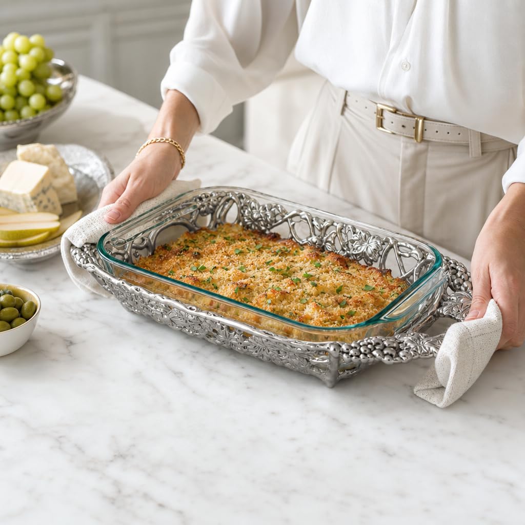 Arthur Court Grape Pyrex Holder 3 Quart Sand Cast Aluminum Casserole Dish Stand for Entertaining - 21 Inch Long product thumbnail 5