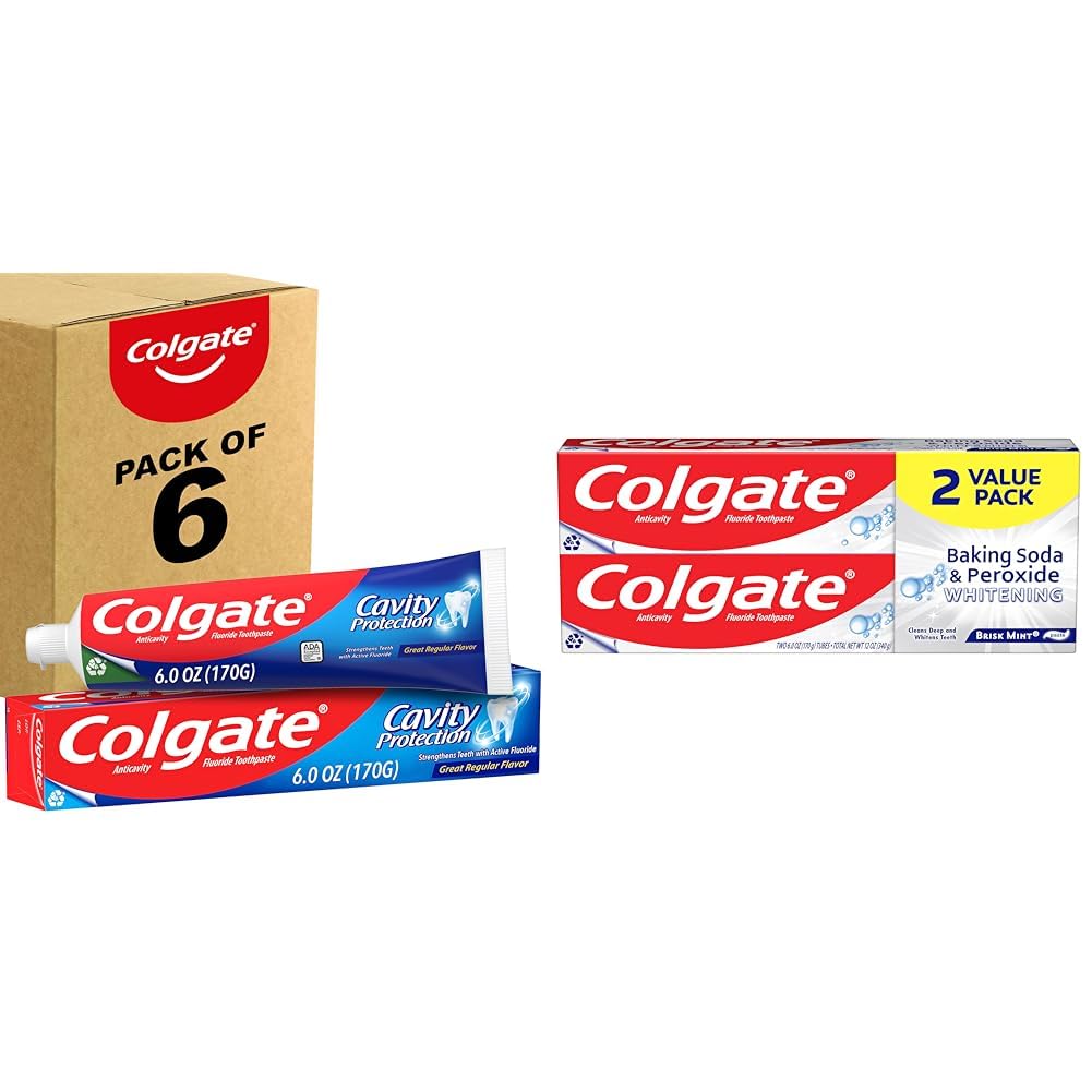 ColgateCavity Protection Toothpaste with Fluoride, Great Regular Flavor, 6 Ounce (Pack of 6) & Baking Soda & Peroxide Toothpaste - Whitens Teeth, Fights Cavities & Removes Stains