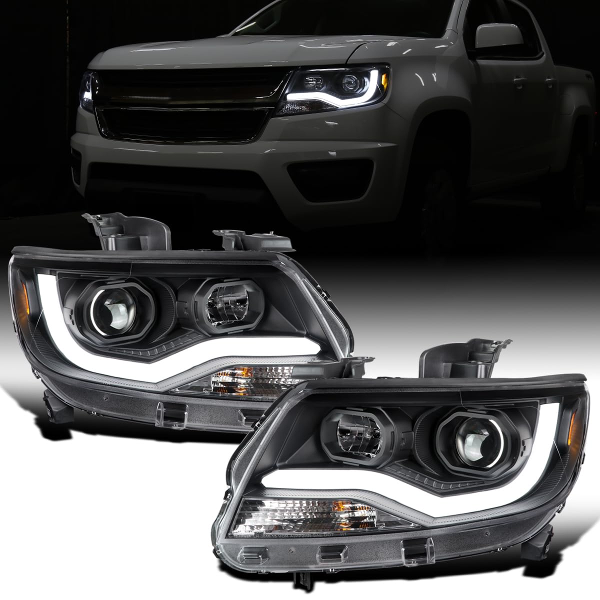 Ronnin - Fits 2015-2022 Chevy Colorado Upgraded Replacement Halogen Projector Headlights LED Tube Driving Lights Assembly Pair | Black